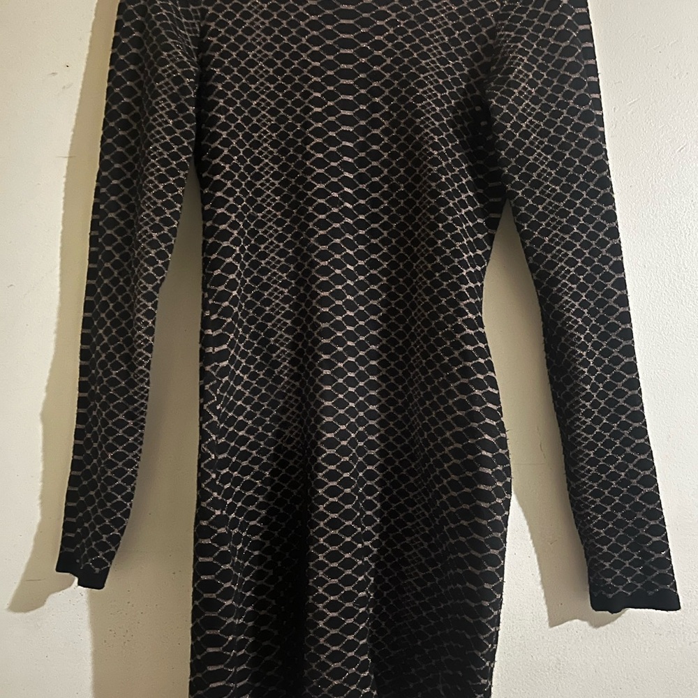 Black and Beige Patterned Long Sleeve Dress